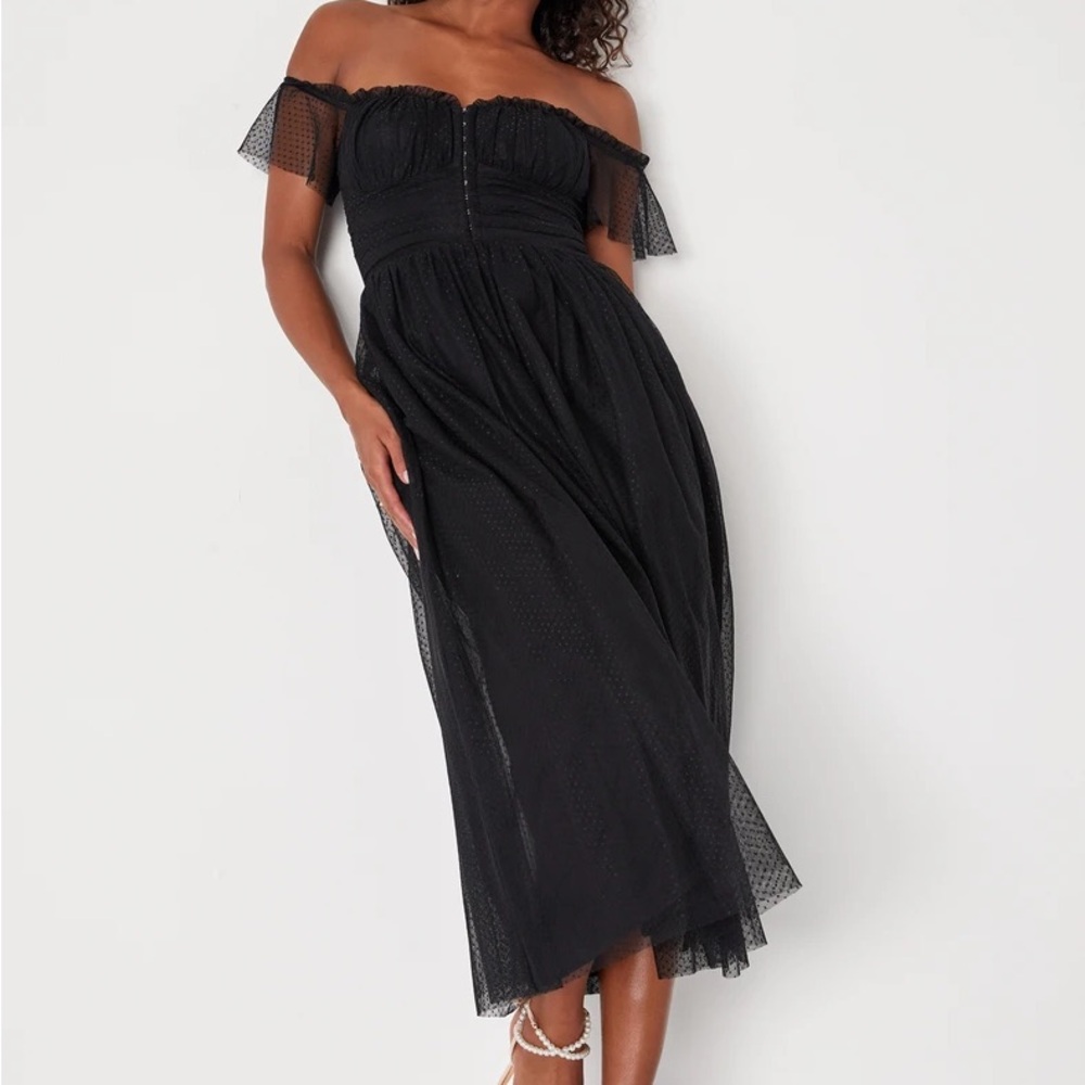 Lulu's Regal Radiance Black Tulle Bustier Midi Dress